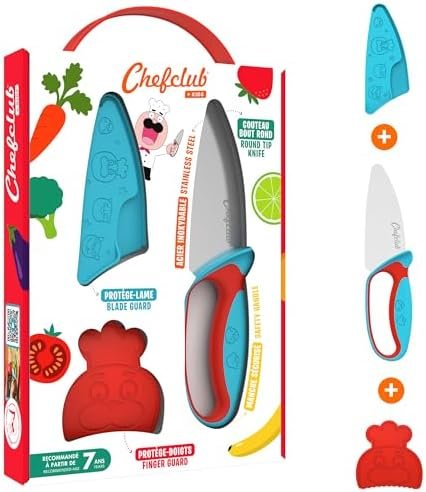 Chefclub Kids- Kit Couteau de Cuisine pour Enfants - Lame Acier Inoxydable - Protège-Doigts et Protège-Lame - Ustensile Sécurisé et Ergonomique - Bleu & Rouge