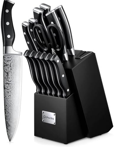 D.Perlla Couteau Cuisine, Bloc de Couteaux 14 pièces avec Affûteur Intégré, Bloc de Bois Noir, Couteaux Ciseaux, Acier Inoxydable, Manche Noir
