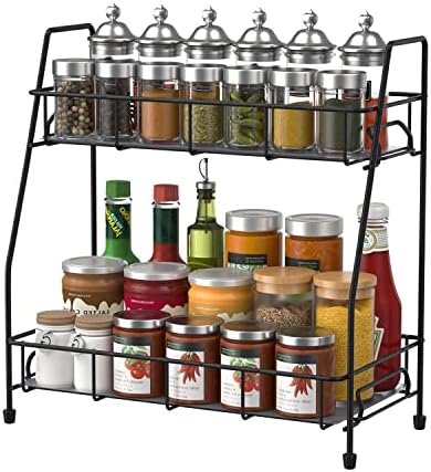 Étagère à Épices Cuisine, Porte-Épices en Métal, Rangement Epices Cuisine pour Comptoir,Étagère de Rangement 2 Niveaux,Noir