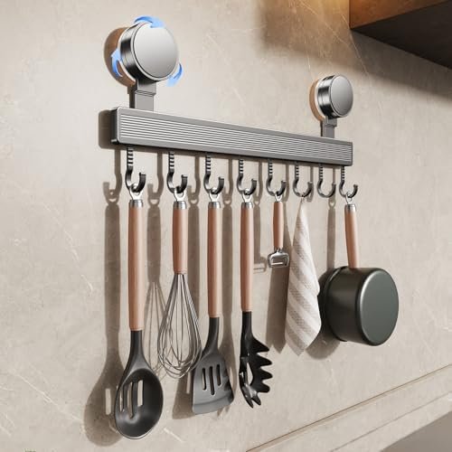 FERCOSEN Barre de Cuisine Ustensile Sans Perçage Avec Ventouse | 8 Crochets, 40 cm de Long, 20 kg Capacité, Montage 1 minute | Barre Amovible en Acier Inoxydable pour Ustensiles de Cuisine