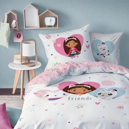 Gabby ET LA Maison Magique Hearts Parure de lit Enfant 1 Personne | 100% Coton | Oeko-TEX | Housse de Couette 140x200 cm + 1 Taie d'oreiller 63x63 cm | Imprimé Réversible Fille | Blanc