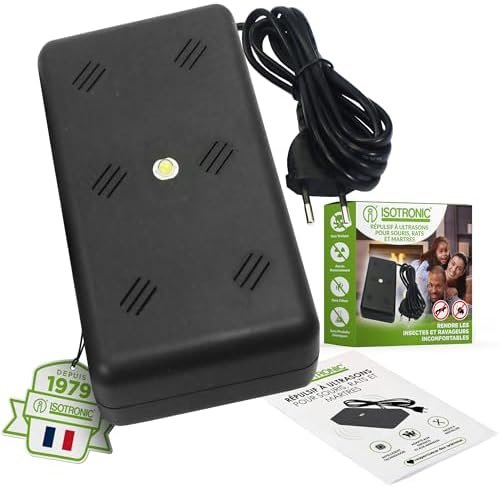 ISOTRONIC Répulsif Contre Les Martres et Les Souris/Rats avec Fonction de lumière/Clignotant LED Ultrasons pour la Maison, Le Garage et Le Grenier