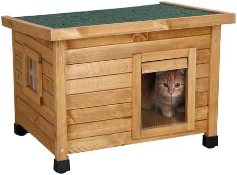 Kerbl Maison pour chat en bois Rustica, porte à lamelles, fenêtre en plexiglas, pieds en plastique réglables en hauteur, marron/vert, 57 x 45 x 43 cm