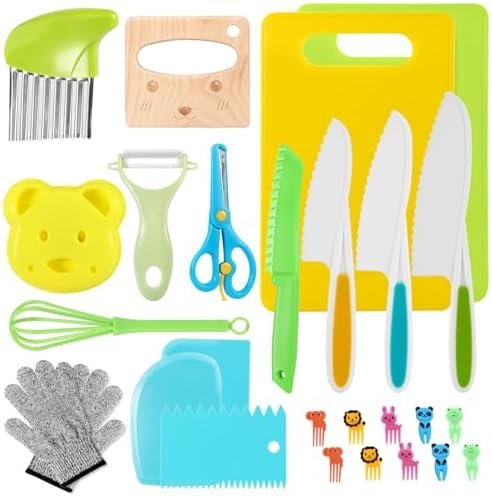 Lot de 27 Couteaux de Cuisine pour Enfants, Kit Couteaux de Sécurité pour Couper Fruits ou Légumes, Couteau Montessori Enfants avec Couteau en Bois, Planche à Découpe, pour Cadeau de Noël ou d'anniver