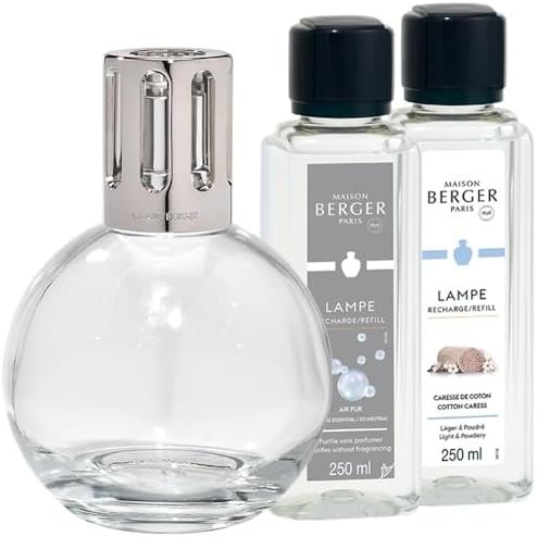 MAISON BERGER - Coffret Lampe Berger Essentielle Ronde - 1 Lampe + 1 Recharge Air Pur 250ml + 1 Recharge Parfum Caresse de Coton 250ml - Diffusion Fine, Homogène et Longue Durée
