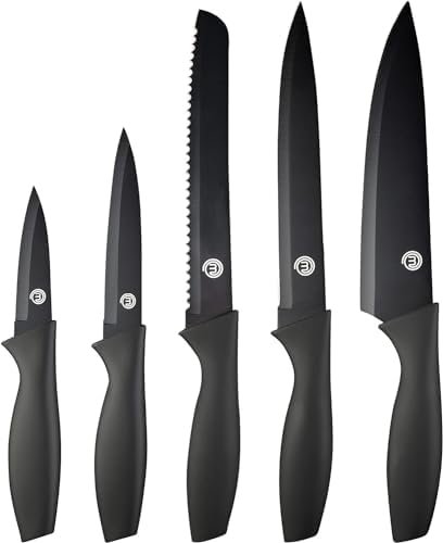 MasterChef Set Couteau Cuisine, Couteaux compris Couteau d'Office, Universel, Couteau à Pain et Couteau de Chef, Acier Inoxydable, Revêtement Antiadhésif, 5 Pièces, Manche Ergonomique