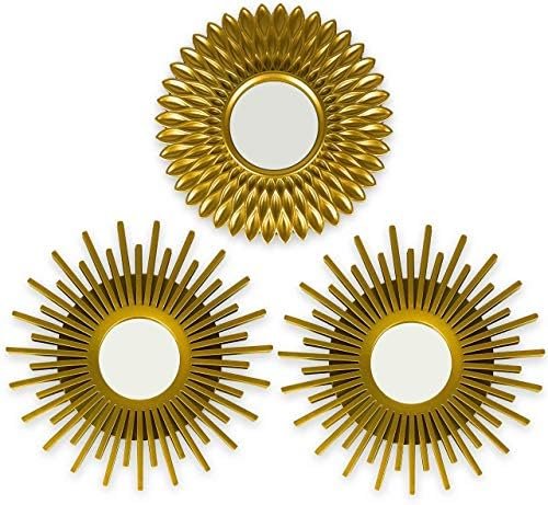 Miroir Murale 3 Pièces Miroir Rond Soleil pour Decoration Murale dans Maison, Salon et Chambre | Ornements Accrocher au Mur, Original Cadeau Femme et Maman | Mirroir Doré Mur Decoratif
