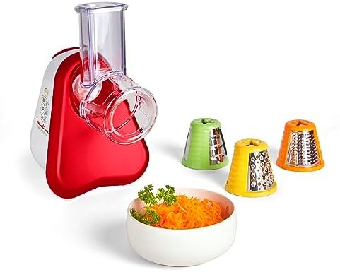 Moulinex Découpe-légumes électrique, Râpe 3-en-1, Système de cônes de couleur facile, Large goulotte, Pièces amovibles compatibles lave-vaisselle, Fresh Express rouge DJ753510