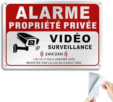 Panneau Maison sous Vidéo Surveillance Aluminium Brossé Alarme Adhésif Propriété Privée Aluminium 22x15cm 24H/24H Résistant aux UV, Imperméable, Avec Trous Percés