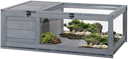 PawHut Maison enclos Cage Habitat pour Petit Animal Tortues avec 2 espaces 91 x 60,5 x 32 cm Bois Massif Gris