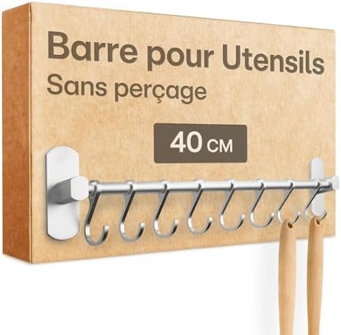 Praknu Barre de Suspension pour Ustensiles de Cuisine avec 8 Crochets - Adhésive & Sans Perçage - Fixation Murale 40 cm - Durable