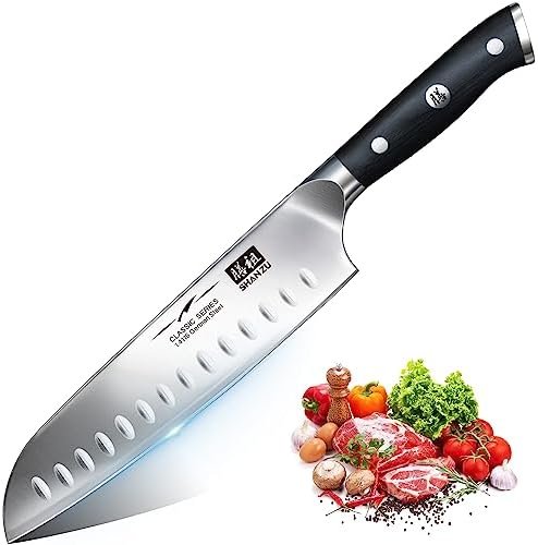 SHAN ZU Couteau Santoku Couteau de Cuisine Acier Inoxydable Allemand Couteau Japonais 18CM Couteau de Chef Professionnel, Manche en Bois Pakka, Lame Super Tranchante
