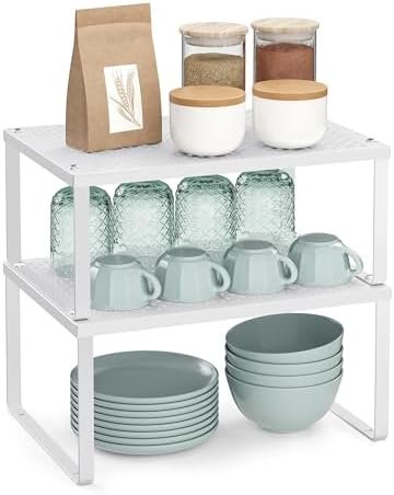 SONGMICS Étagère à Épices, Lot de 2, Support à Épices, Empilable, Extensible, Étagère de Rangement de Cuisine, en Métal, pour Plan de Travail, Blanc KCS01WT