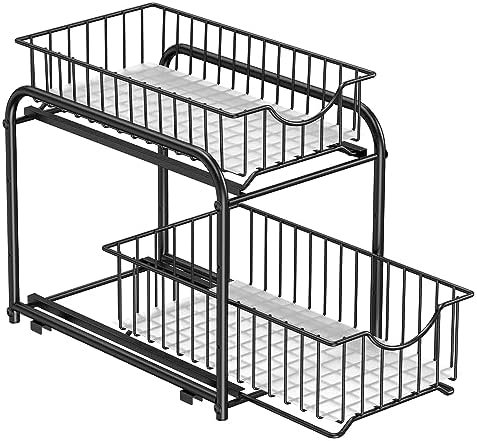 SONGMICS Organiseur de Cuisine, Étagère sous Évier, 2 Paniers Coulissants, Empilable, pour Rangement dans Placard, sous Lavabo, avec Tiroirs, pour Cuisine, Salle de Bain, Noir Classique KCS017B01