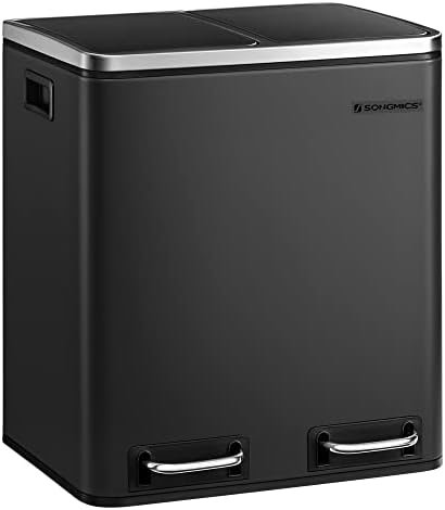 SONGMICS Poubelle Cuisine, 2 x 15L, Poubelle Tri, avec Pédale, 2 Compartiments, 15 Sacs Poubelles, Seaux Intérieurs, Couvercles en Douceur, en Acier, Noir d'Encre LTB30BK