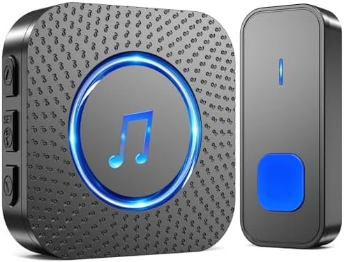 SURFOU Sonnette sans Fil, 400M Sonnette Longue Portée Exterieur Étanche Electronique, Kit de Carillon avec Récepteurs Enfichables pour la Maison, LED Bleu, 55 Mélodies, 5 Niveaux Volumes, Noir