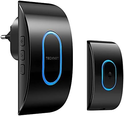 TECKNET Sonnette sans Fil Exterieur Etanche, IP65 Etanche Carillon 400 Mètres, 60 Mélodies et 5 Niveaux Volume, Kit d'un Récepteur et d'un Emetteur, Voyant LED pour Maison, au Salon, au Bureau- Noir