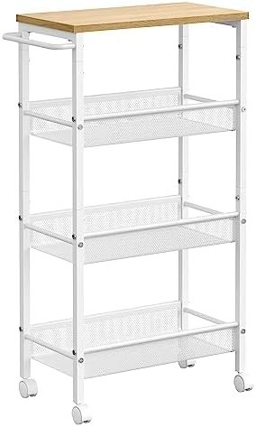 VASAGLE Desserte 4 Niveaux, Étagère de Cuisine Fin avec roulettes, Cadre en Acier, Poignée, Petit Espace, 22 x 45,4 x 77 cm, Salle de Bain, Salon, Bureau, Beige Chêne et Blanc LRC033W09