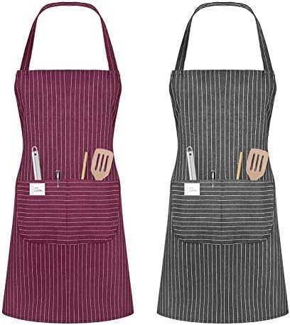 Vicloon Tabliers de Cuisine,2Pcs Réglable Tabliers Etanche avec 2 Poche pour Femmes Hommes Chef pour Cuisine,Jardinage, Restaurant,Barbecue,Café (vin Rouge + Gris)