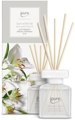 ipuro - Essentials Parfum d'intérieur White Lily 50ml - Notes de pêche, muguet, Jasmin, musc Blanc, Bois de cèdre - Diffuseur à bâtonnets - Parfum Floral Doux et apaisant pour Maison
